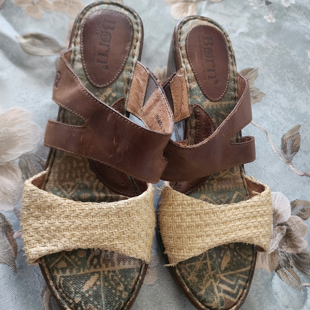 Born Women's Brown Leather & Natural Woven Slide Sandals